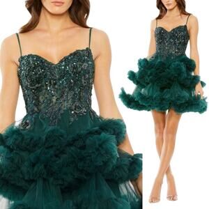 Mac Duggal NWT Green Thin Strap Beaded Bodice Tiered Tulle Mini Dress Size 10